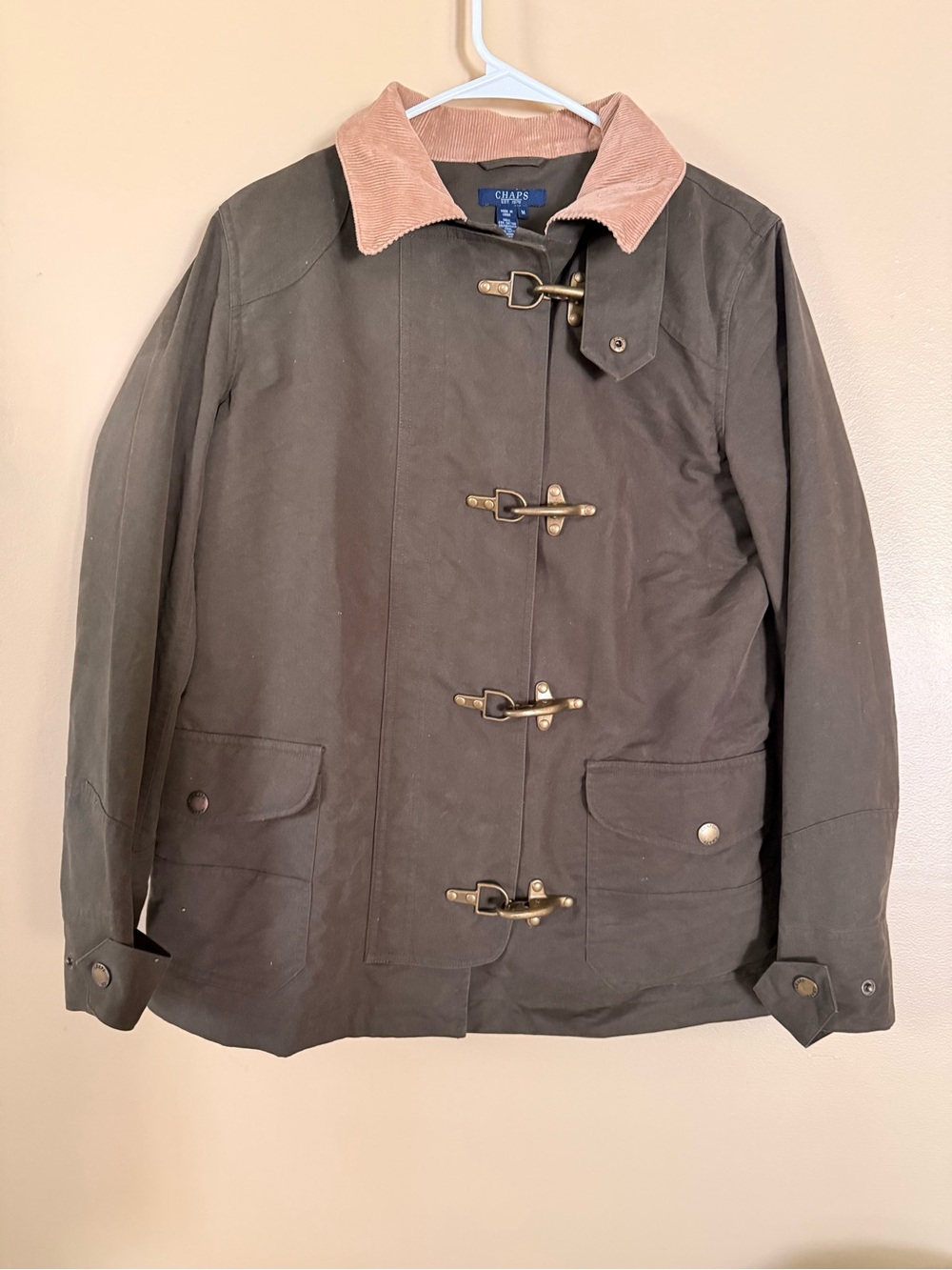 Vintage Chaps Waxed Jacket Green Corduroy Collar Fireman Clasp M